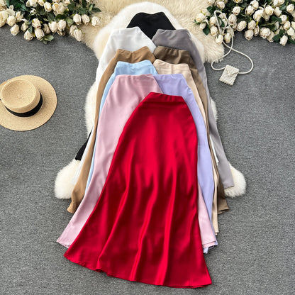 High-end satin skirt, high waist, slimming, medium-length fishtail skirt R2194