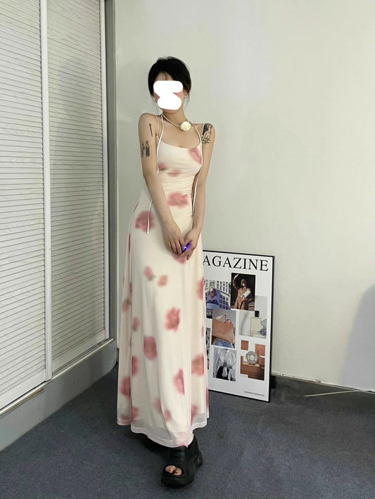 Human peach print elastic mesh suspender dress for women summer slim and tall sexy high-end long skirt R0089