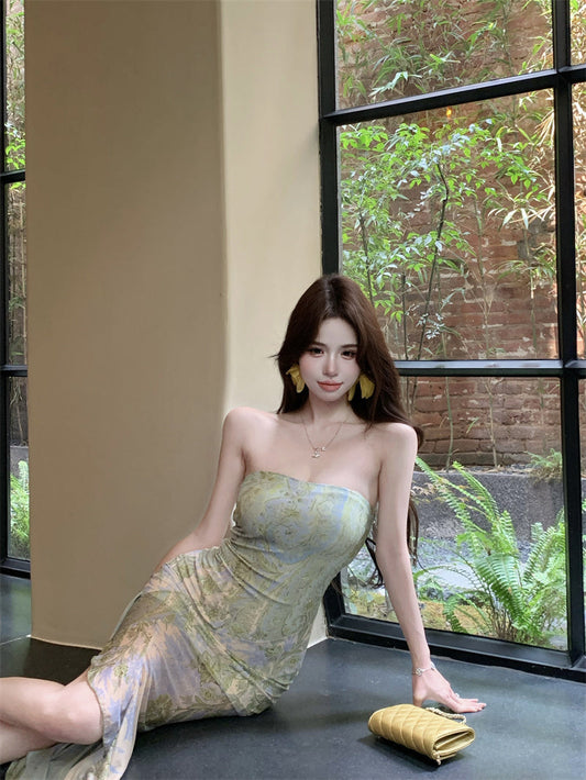 Green floral tube top dress sexy waist slim hip skirt R0626