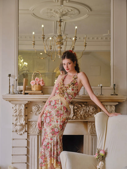 French retro romantic vacation stretch print mesh halter neck fishtail dress R5104