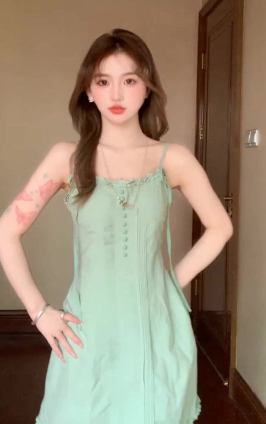 Green suspender dress holiday waist a-line short skirt beautiful skirt R0899