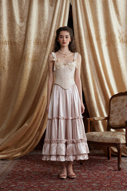 French ruffled satin pink long skirt homecoming dress R5154