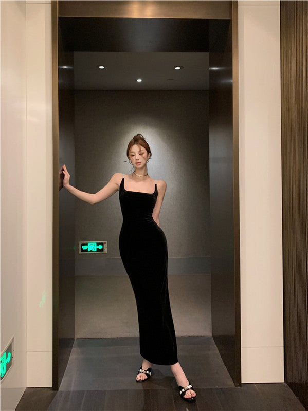 Square collar vest black velvet suspender dress 2025 temperament slim fit inner hip dress R1473