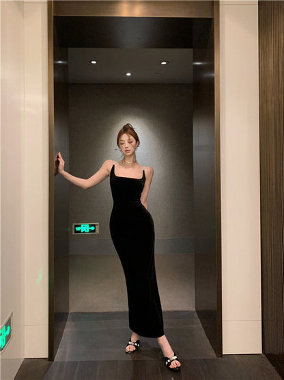Square collar vest black velvet suspender dress 2025 temperament slim fit inner hip dress R1473