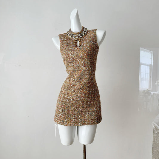 Heavily diamond-studded Chanel-style beaded waisted sleeveless dress R2094