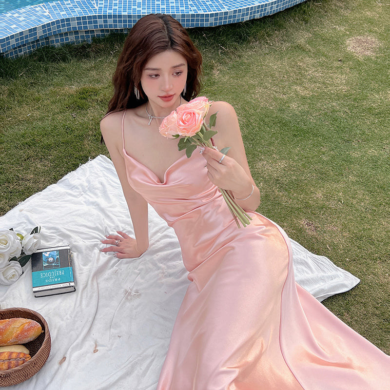 High-grade acetate satin silk dress slim sexy gentle girl pink inner suspender skirt R0990