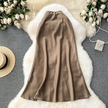 High-end satin skirt, high waist, slimming, medium-length fishtail skirt R2194