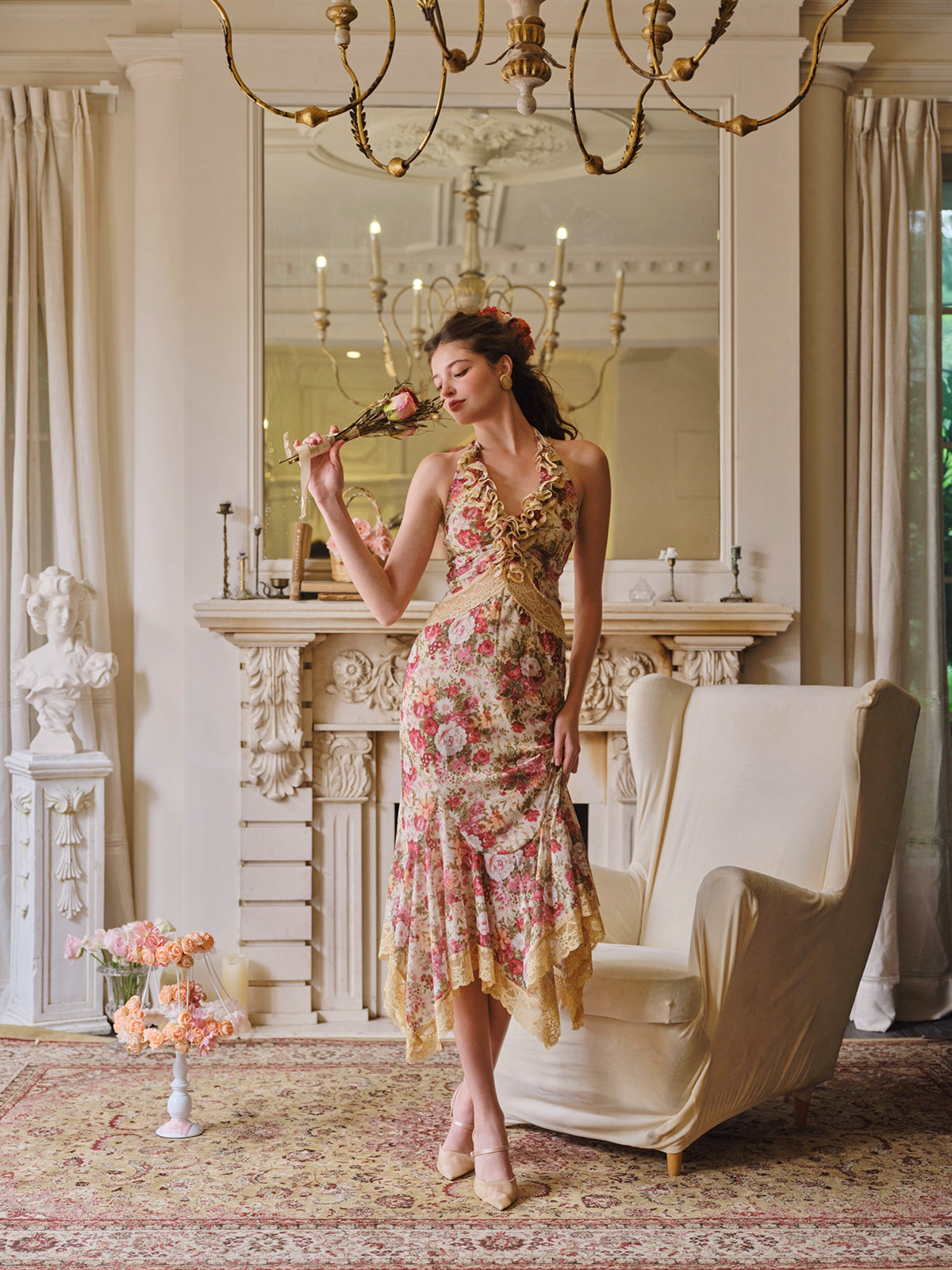 French retro romantic vacation stretch print mesh halter neck fishtail dress R5104