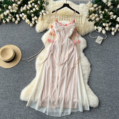 Holiday dress three-dimensional flower mesh high waist slim long skirt suspender skirt R2342