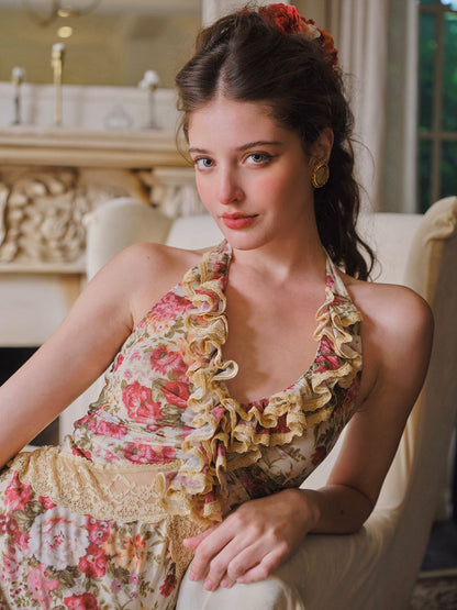 French retro romantic vacation stretch print mesh halter neck fishtail dress R5104