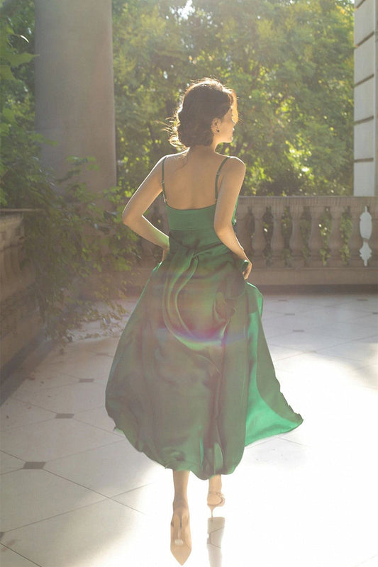 Green Soft Satin V-neckline Straps Long Party Dress, Green Satin Evening Dress