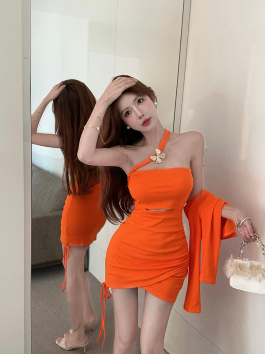 Irregular hot girl style off-shoulder slim drawstring sexy tube top dress R3669