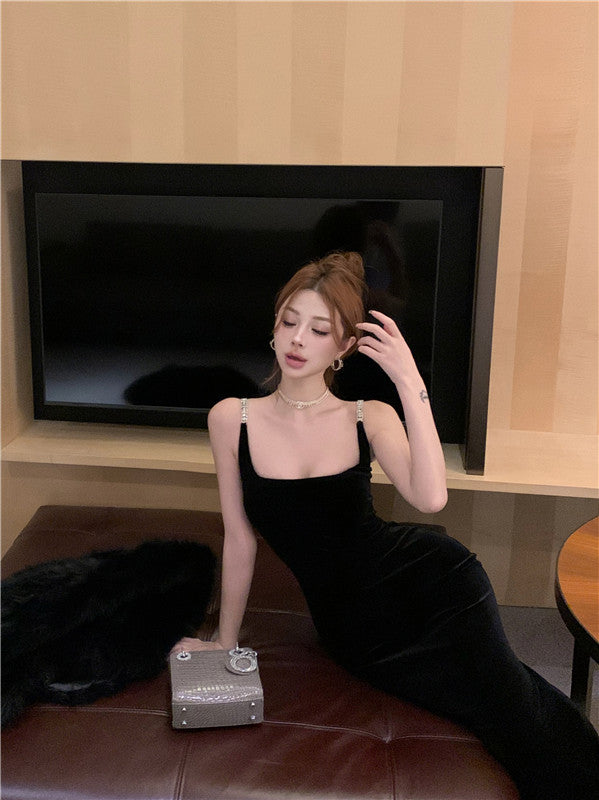 Square collar vest black velvet suspender dress 2025 temperament slim fit inner hip dress R1473