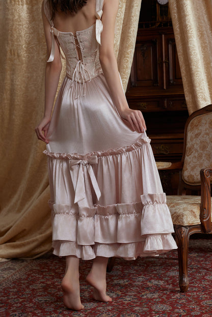 French ruffled satin pink long skirt homecoming dress R5154