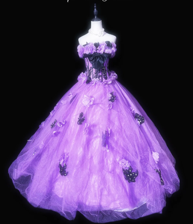 Pretty Purple Strapless Tulle 3D Flowers Beaded Ball Gown Quinceanera Dress