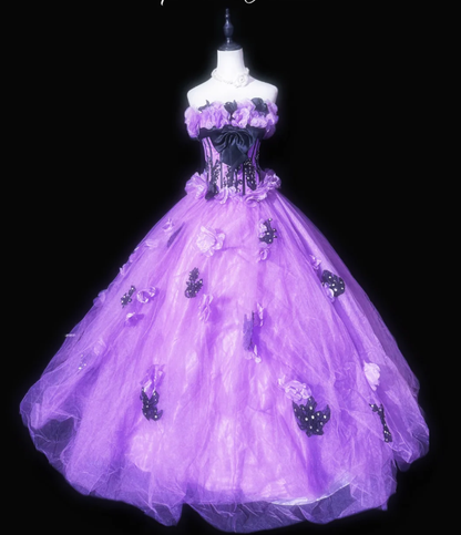 Pretty Purple Strapless Tulle 3D Flowers Beaded Ball Gown Quinceanera Dress