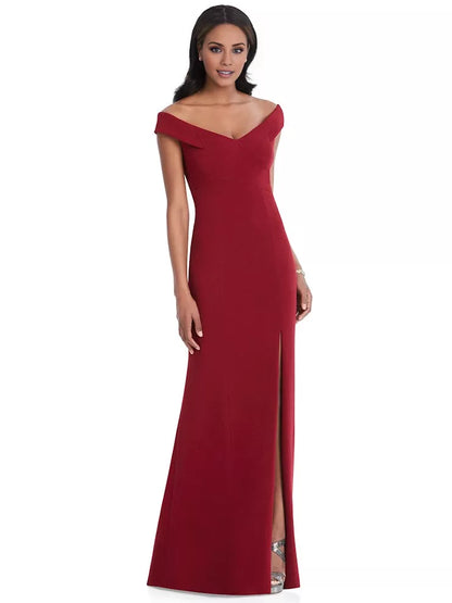 Off shoulder collar sleeveless backless side slit and floor length Prom dress