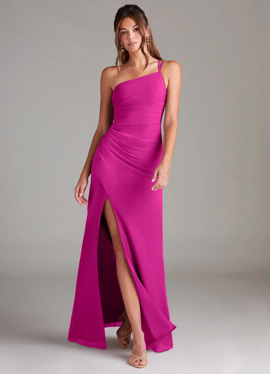 One-shoulder chiffon bridesmaid dress with ruched bodice, crisscross back, and side slit