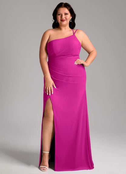One-shoulder chiffon bridesmaid dress with ruched bodice, crisscross back, and side slit