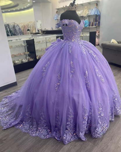 Off The Shoulder Lilac Corset Quinceanera Dress Ball Gown,Appliques Lace Birthday Dress  Y789