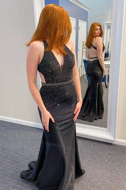 Plunging V-Neck Backless Long Black Prom Dress with Beads Y1789