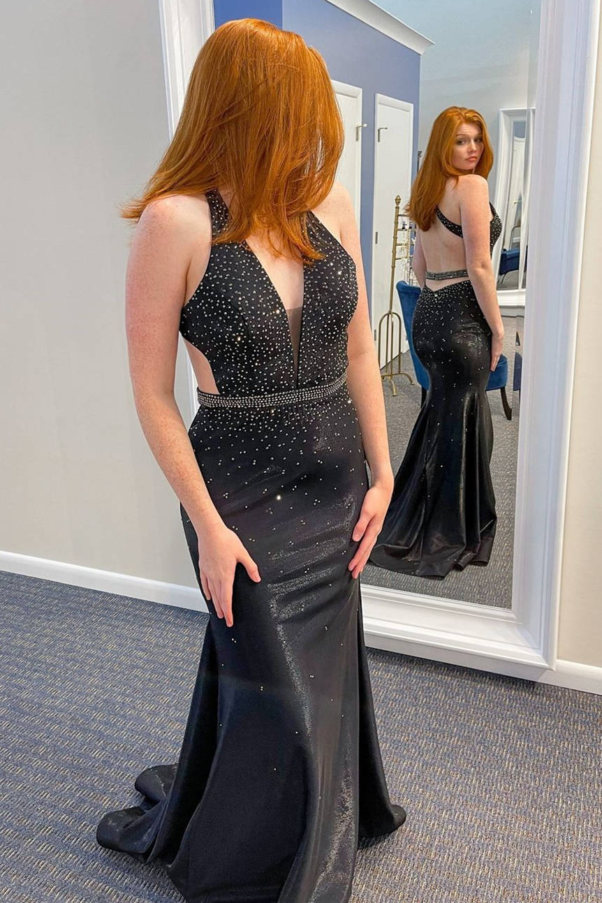 Plunging V-Neck Backless Long Black Prom Dress with Beads Y1789