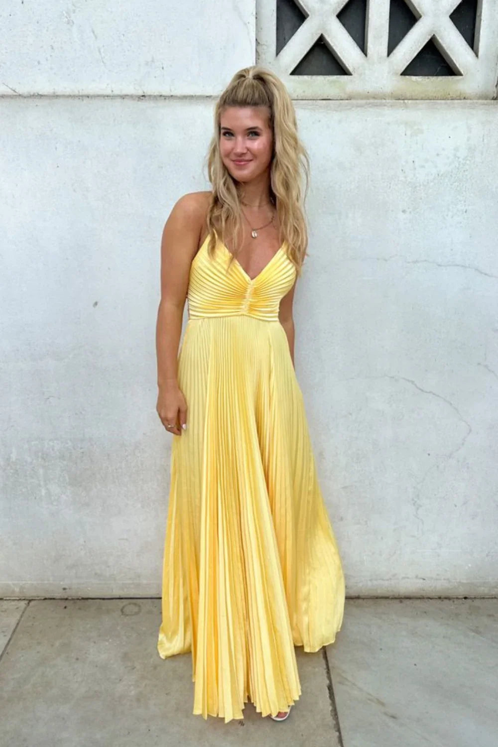 Pleated Satin Prom Dress with V-Neck, Crisscross Back, Bow Detail & A-Line Silhouette