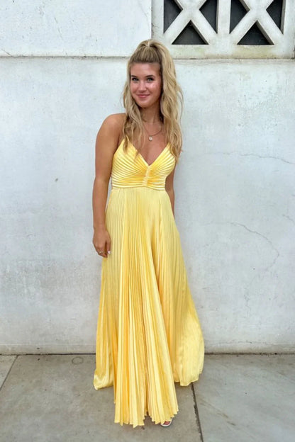 Pleated Satin Prom Dress with V-Neck, Crisscross Back, Bow Detail & A-Line Silhouette
