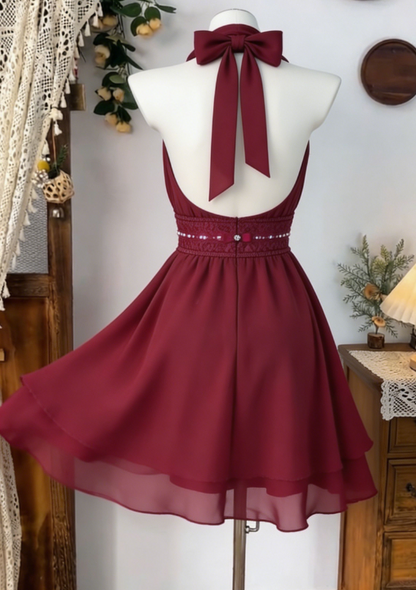 Charming Homecoming Dress Halter Pleated Lace Rinestone Back to School Outfits Party Dress  D6583
