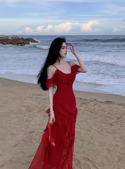 French retro beautiful red suspender dress ruffled seaside holiday dress R0230