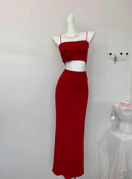 2025 summer new beach short sleeveless red flower suspender top sexy hip skirt suit for women R0270