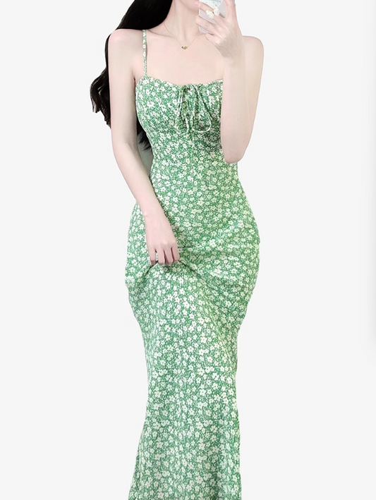 2025 Summer New Green Floral Bandeau Sexy Long Suspender Dress R0951