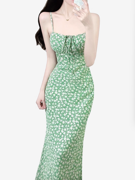 2025 Summer New Green Floral Bandeau Sexy Long Suspender Dress R0951