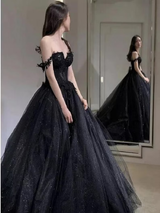 Lace Applique Tulle Dress Black Glitter Wedding Dress 3D Flowers Long Evening Gown