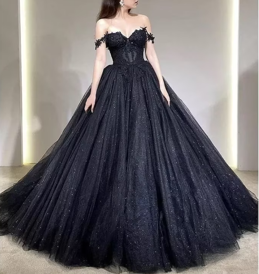Lace Applique Tulle Dress Black Glitter Wedding Dress 3D Flowers Long Evening Gown