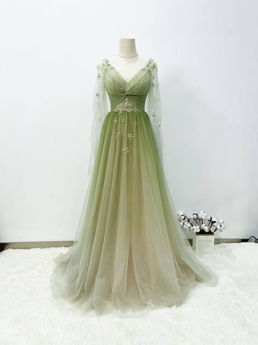 A line Gradient Green Prom Gown Soft Glitter Tulle Party Dress