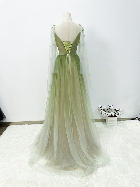 A line Gradient Green Prom Gown Soft Glitter Tulle Party Dress