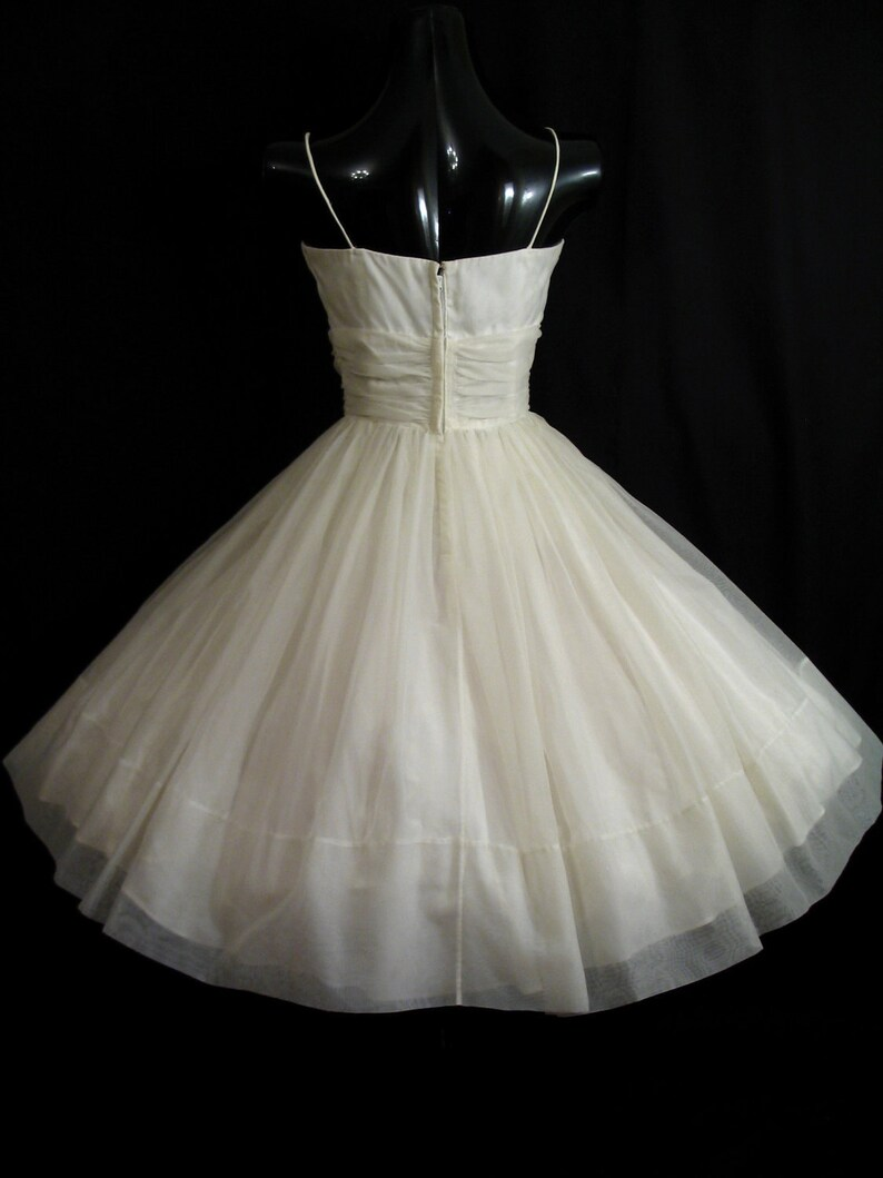 Vintage 1950 s 50s White Ruched Chiffon Organza Party Prom Wedding Bridal Dress Gown