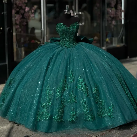 Green Appliques Lace Tull Ball Gown Quinceanera Dress Off The Shoulder Glitter Crystal Corset Dress