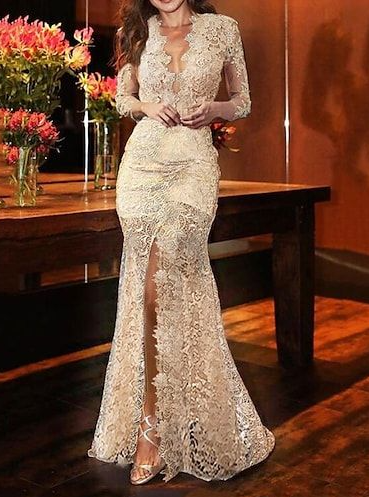 Sexy Champagne Mermaid Formal Evening Dresses Split V Neck Lace Prom Party Gowns
