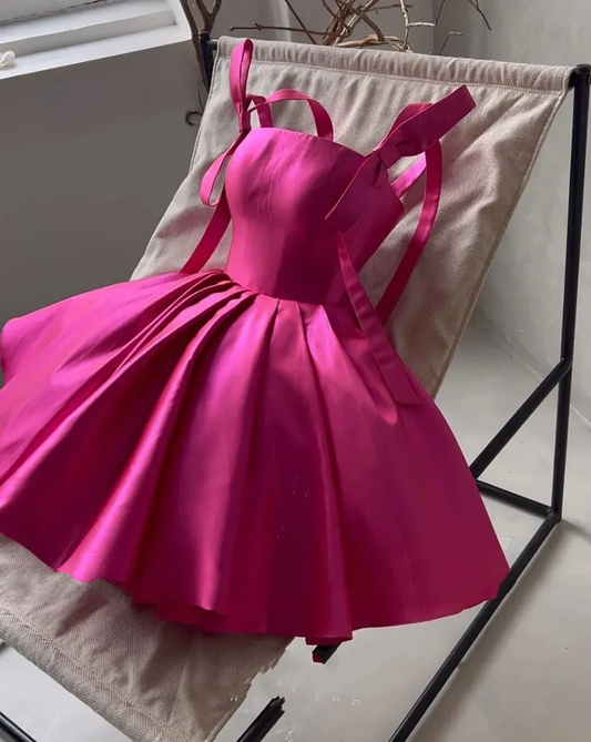 A Line Mini Prom Party Dress Bow Straps Satin Graduation Prom Ball Gown Short Cocktail Evening Gowns