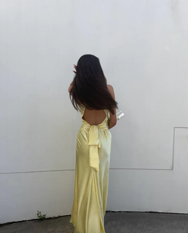 V-neck purple satin and floor length prom dresses evening gown