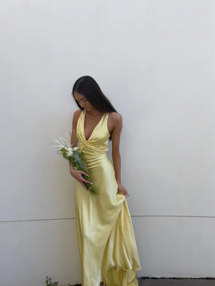 V-neck purple satin and floor length prom dresses evening gown