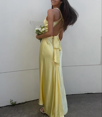 V-neck purple satin and floor length prom dresses evening gown
