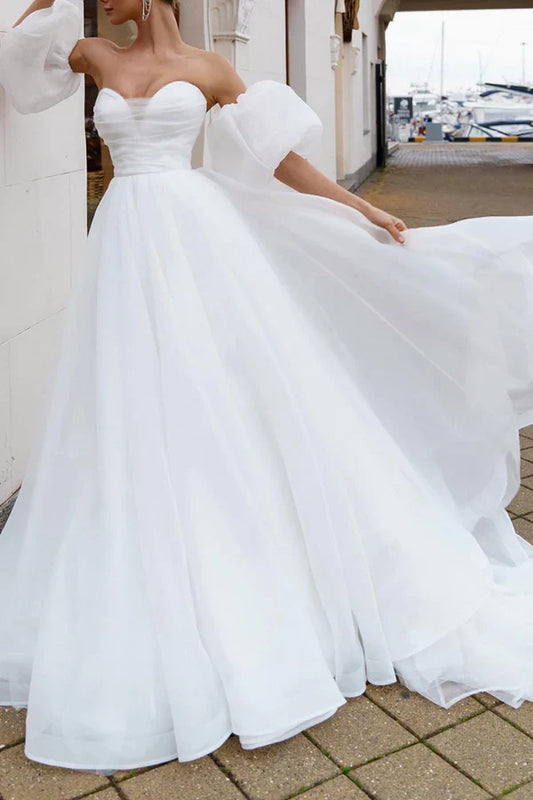 A line Sweetheart White Hall Casual Wedding Dress Minimalist Bride Dress
