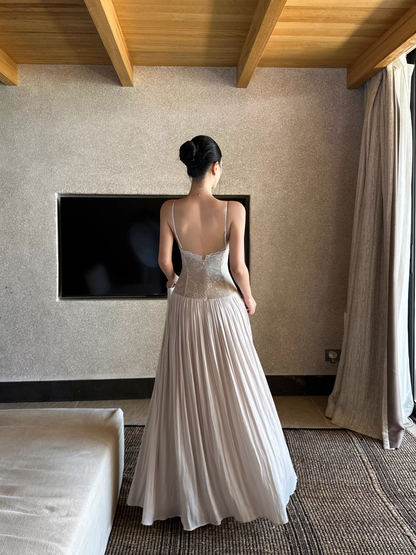 Unique Apricot Spaghetti Straps V Neck Lace Satin A Line Long Evening Dress Party Gown