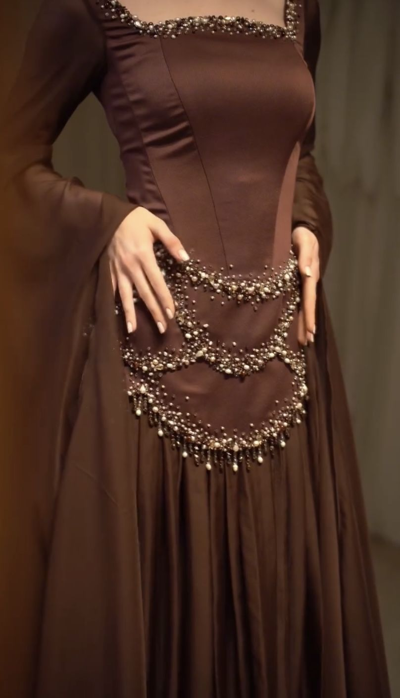 Vintage Square Neck Brown Satin Chiffon Beaded Mermaid Evening Dress Long Prom Gown