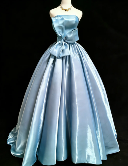 Cute Blue Strapless Bow Satin Ball Gown Formal Birthday Party Dress SP1585