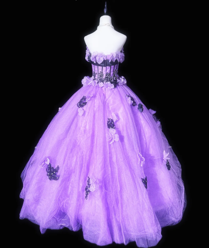 Pretty Purple Strapless Tulle 3D Flowers Beaded Ball Gown Quinceanera Dress