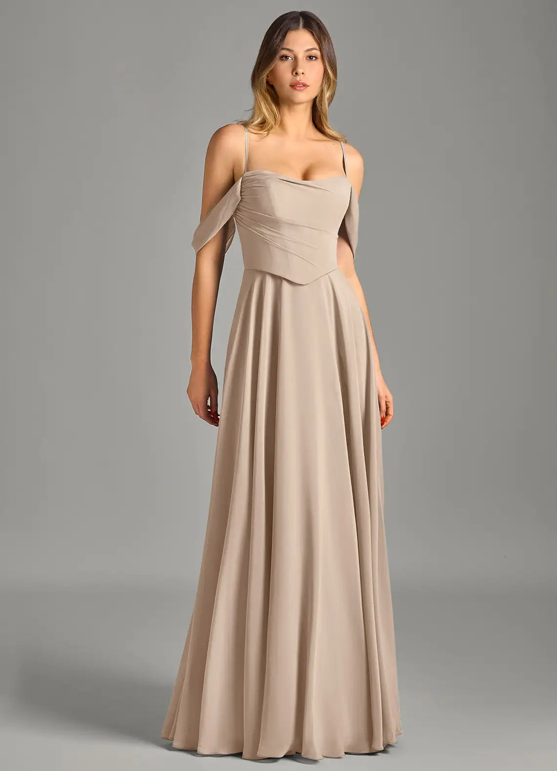 Romantic Chiffon Bridesmaid Dress with Convertible Off-the-Shoulder Neck and Flowing Skirt